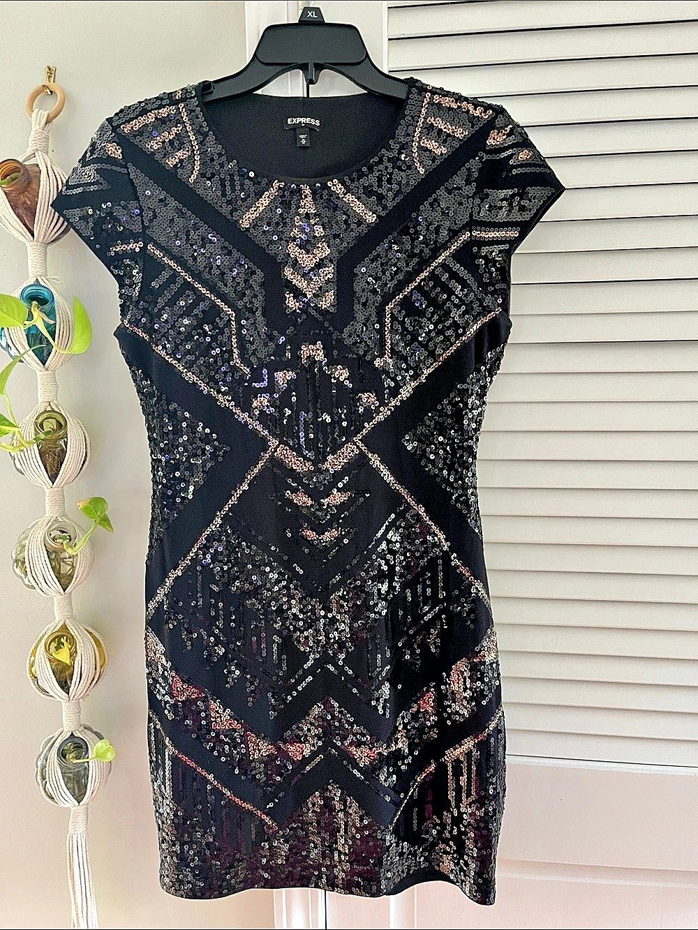 Express Sequin Geometric Mini Dress in Black & Multicolor Size Medium